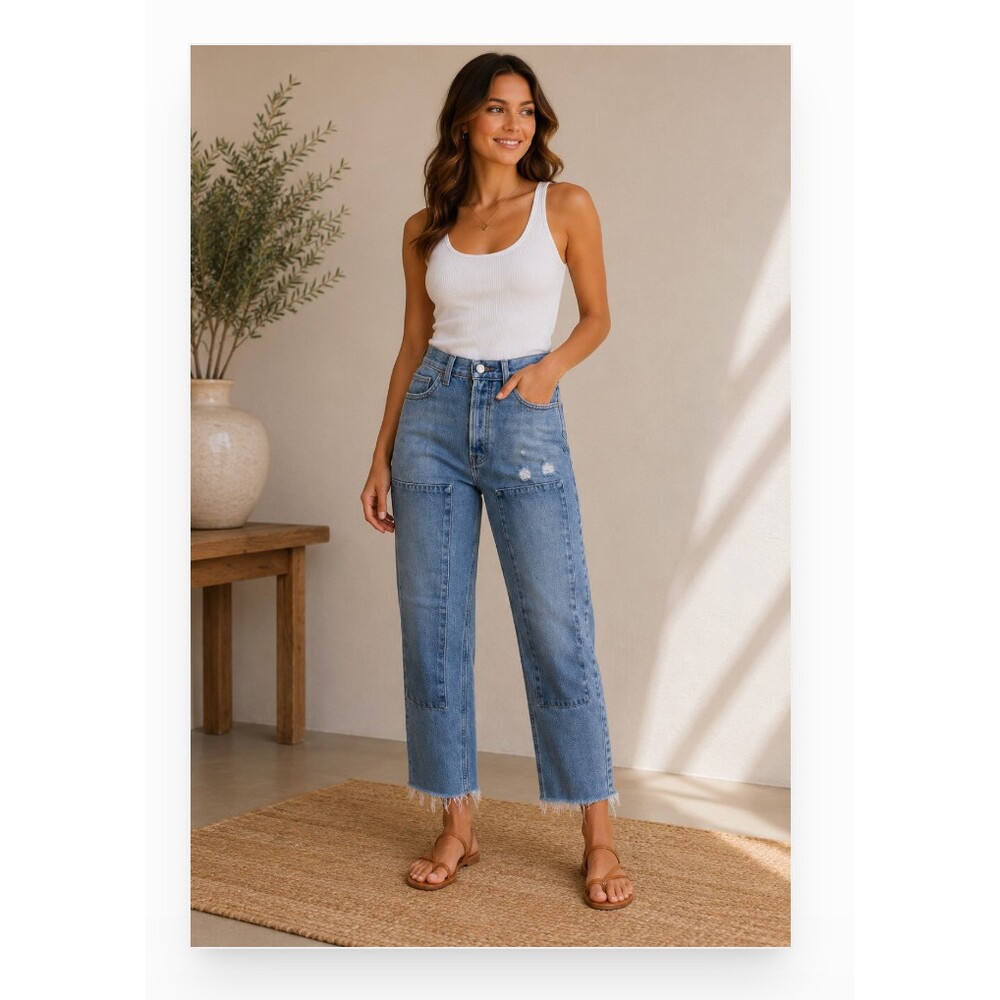 BDG Jeans Womens 28 Blue Light Wash Slim Straight Patch Raw Hem Distressed